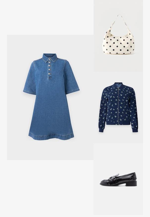 Marineblauer Bomberjacke mit floralem Muster in Hellblau und Grün, mit einem Vorderreißverschluss, gerippten Bündchen und Saum für eine taillierte Optik.; Jeanskleid mit einem kragenlosen Hals, kurzen Ärmeln und fünf Metallknöpfen auf der Vorderseite. Blauer Stoff mit glatter Textur und leichtem Verblassen.; Schwarzer Lackleder-Slipper mit zwei silbernen Schnallen, niedrigem Blockabsatz und rundem Zehenbereich, von der rechten Seite vor weißem Hintergrund gezeigt.; Handtasche aus cremefarbenem Stoff mit schwarzen Punkten und einem einzelnen Schulterriemen, vor einem schlichten weißen Hintergrund präsentiert.