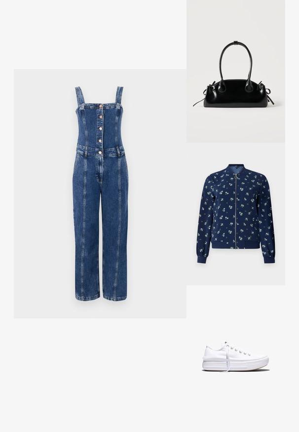 Veste bombardier bleu marine avec un motif floral bleu clair et vert, dotée d'une fermeture éclair frontale, de poignets côtelés et d'un ourlet pour un look ajusté.; Salopette en denim avec un corsage ajusté, design jambes droites, bretelles réglables, boutons à l'avant et une teinte bleu moyen avec des coutures contrastées.; Baskets basses blanches en toile avec semelle plateforme épaisse, lacets sur le devant et embout en caoutchouc texturé, vues de profil.; Petit sac à main noir brillant avec deux longues anses et des détails à cordon sur les côtés sur un fond clair uni.