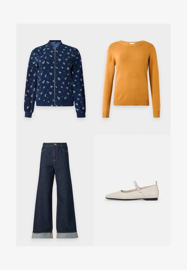 Námornícky bombardér so vzorom kvetín v svetlomodrej a zelenej farbe, s predným zipsom, rebrovanými manžetami a lemom pre priliehavý vzhľad.; Horčicovožltý sveter, mäkká pletená tkanina, kruhový výstrih, dlhé rukávy, rebrovaný lem a manžety, ľahký dizajn bez vzorov alebo akcentov.; Džíny s širokými nohavicami z tmavého denimu s oranžovým prešívaním, s vysokým pásom, dvoma prednými vreckami a zrolovanými manžetami odhaľujúcimi svetlomodrú kontrastnú látku.; Biele kožené baleríny s špicatou špičkou, remienkom okolo členka a nízkym čiernym opätkom. Hladká textúra s minimálnymi ozdobami.