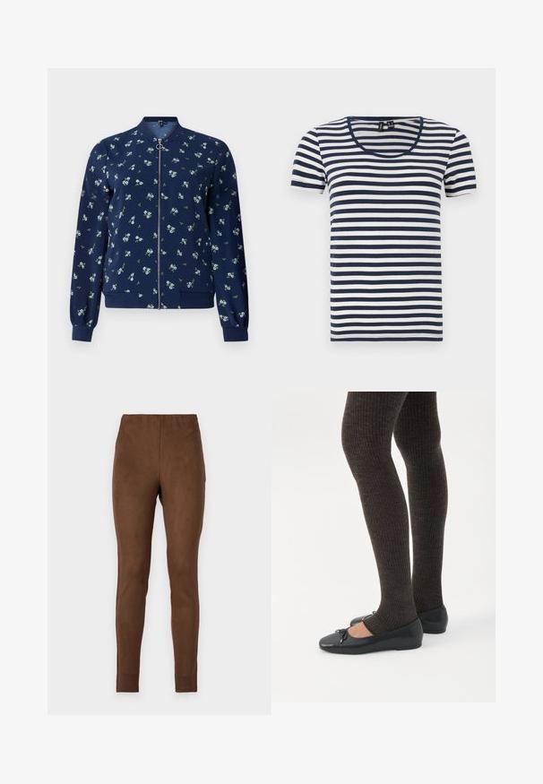 Marineblå bomberjakke med blomstermønster i lyseblå og grøn, med lynlås foran, ribbede manchetter og nederkant for et tætsiddende look.; Stribet T-shirt med korte ærmer, der har marineblå og hvide vandrette striber, en rund halsudskæring og et blødt bomuldsstof.; Brune leggings lavet af et blødt, sued-lignende materiale; tætsiddende design, glat tekstur og elastisk talje for komfort.; Ben iført mørke ribbede leggings kombineret med sorte balletsko med små sløjfedetaljer på hvid baggrund.
