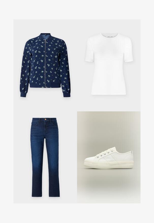 Veste bombardier bleu marine avec un motif floral bleu clair et vert, dotée d'une fermeture éclair frontale, de poignets côtelés et d'un ourlet pour un look ajusté.; T-shirt blanc à manches courtes avec col rond, coupe slim et texture de tissu côtelé, présenté sur un fond uni gris clair.; Jean bleu foncé en denim, présentant une coupe droite, cinq poches et un bouton en cuivre à la taille. Texture lisse avec un léger délavage.; Baskets basses blanches avec semelle épaisse côtelée, lacets à l'avant et languette à l'arrière sur fond neutre.