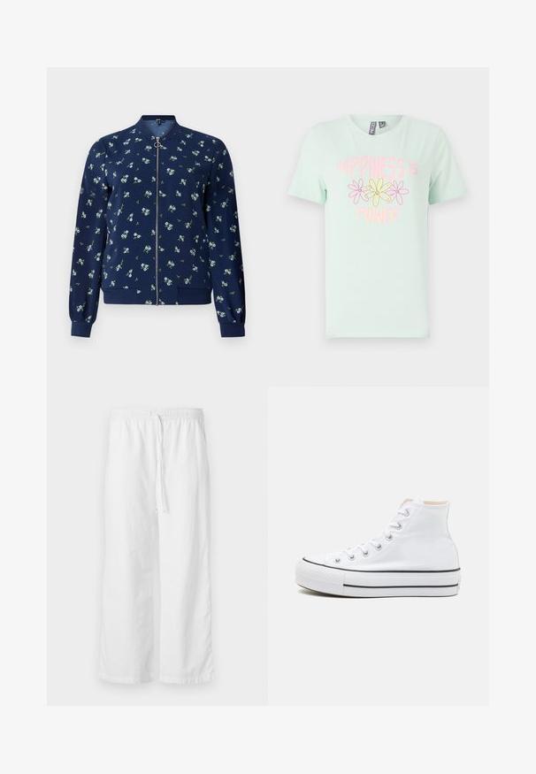 Chaqueta bomber de color azul marino con un patrón floral en azul claro y verde, con cremallera frontal, puños de canalé y dobladillo para un ajuste ceñido.; Camiseta de algodón verde menta de manga corta, con un diseño gráfico de flores amarillas y rosas y el texto "La felicidad es poder."; Pantalones anchos de textura blanca con cintura elástica y cordón ajustable. Diseño simple y minimalista, sin adornos.; Zapatillas altas blancas de material de lienzo, con suela de goma negra y una franja negra en el mediopie. Punta circular y diseño de cordones.