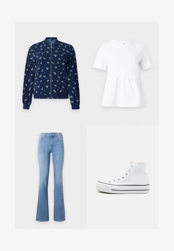 Marineblå bomberjakke med blomstermønster i lyseblå og grøn, med lynlås foran, ribbede manchetter og nederkant for et tætsiddende look.; Hvid kortærmet t-shirt med samlet talje, der har en afslappet pasform og en glat bomuldsstruktur. Enkel rund halsudskæring.; Lysblå flagrende jeans med mellemhøj talje, klassisk fem-lomme design og subtil fading langs benene. Denim stoftekstur.; Hvide høj-top sneakers lavet af kanvasmateriale, sort gummisål og kontrasterende sort stribe på mellemsålen. Rund tåhætte og snørebåndsdesign.