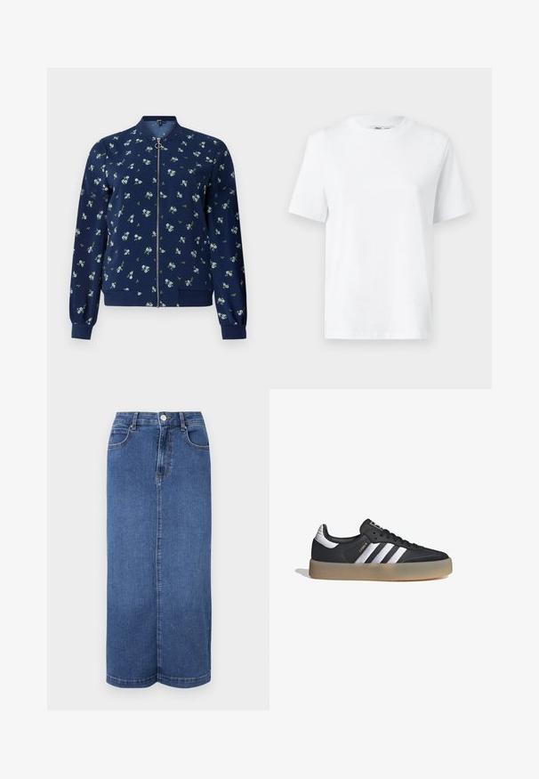 Chaqueta bomber de color azul marino con un patrón floral en azul claro y verde, con cremallera frontal, puños de canalé y dobladillo para un ajuste ceñido.; Camiseta de algodón blanca de cuello redondo con mangas cortas y una textura suave. Diseñada con un ajuste relajado para mayor comodidad y versatilidad.; Falda larga de mezclilla en azul oscuro, con corte recto, cinturilla con cierre de botón y detalles de costura mínimos.; Zapatilla deportiva de cuero negro con tres rayas plateadas, punta texturizada y suela de goma. Cuenta con un collar acolchado y un diseño con cordones.