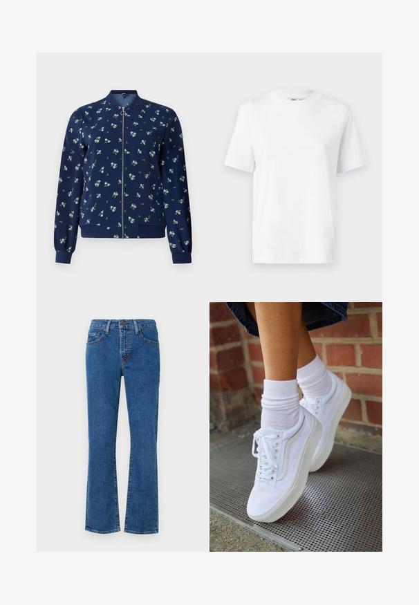 Marine bomberjack met een bloemenpatroon in lichtblauw en groen, voorzien van een ritssluiting aan de voorkant, geribde manchetten en een geribde onderrand voor een getailleerde look.; Witte katoenen T-shirt met ronde hals, korte mouwen en een gladde textuur. Ontworpen met een comfortabele en veelzijdige relaxte pasvorm.; Lichtblauwe denim jeans met een rechte snit, vijf-pocket ontwerp en gestikte details. De stof is textuur met lichte vervaging.; Witte canvas sneakers met rubberen zolen, voorzien van zes vetertjes, een ronde neus en lichte stikdetails, gecombineerd met witte enkelsokken.