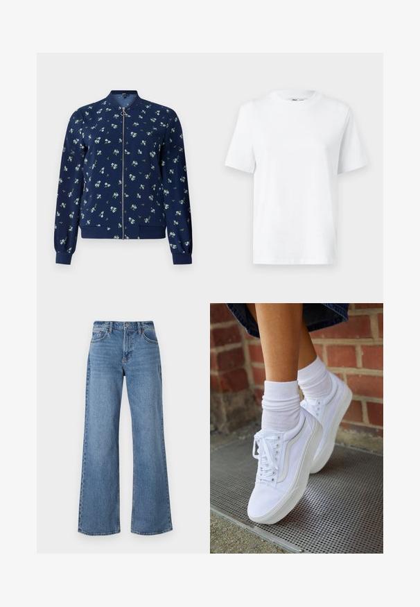 Ναυτικό bomber τζάκετ με floral σχέδιο σε ανοιχτό μπλε και πράσινο, με μπροστινό φερμουάρ, ραμμένα μανίκια και στρίφωμα για εφαρμοστό look.; Λευκό βαμβακερό μπλουζάκι με στρογγυλή λαιμόκοψη, διαθέτει κοντά μανίκια και ομαλή υφή. Σχεδιασμένο με μια χαλαρή εφαρμογή για άνεση και ευχρηστία.; Ανοιχτό μπλε παντελόνια τζιν σε φαρδύ κόψιμο, κατασκευασμένα από τζιν υλικό, διαθέτοντας ψηλή μέση, βρόχους ζώνης και κουμπωτή προσαρμογή. Οι λεπτομέρειες περιλαμβάνουν ραφές και φινίρισμα στο τελείωμα.; Λευκά καμβά παπούτσια με καουτσούκ σόλες, που διαθέτουν έξι τρυπούλες, στρογγυλή μύτη και λεπτομέρειες από ελαφριά ραφή, σε συνδυασμό με λευκές κάλτσες μέχρι τον αστράγαλο.