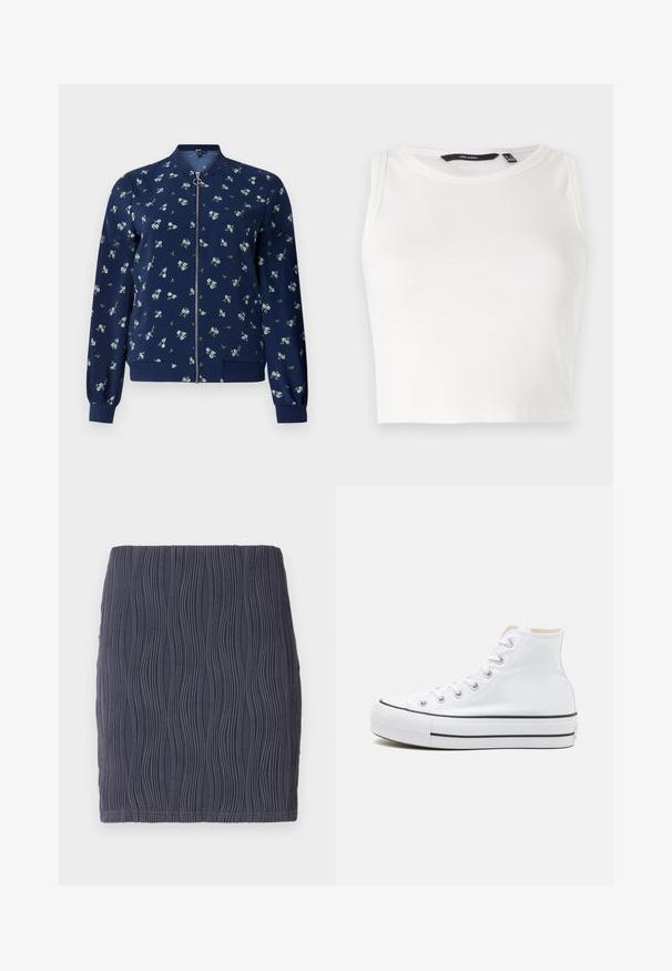 Veste bombardier bleu marine avec un motif floral bleu clair et vert, dotée d'une fermeture éclair frontale, de poignets côtelés et d'un ourlet pour un look ajusté.; Haut sans manches blanc côtelé avec un col rond. Le tissu semble doux et extensible, sans embellissements ni motifs visibles.; Mini jupe moulante gris foncé avec un motif texturé en vagues et une finition lisse. Conçue avec un ourlet simple et droit.; Baskets montantes blanches en toile, semelle en caoutchouc noir et bande noire contrastante sur la semelle intermédiaire. Bout rond et design à lacets.