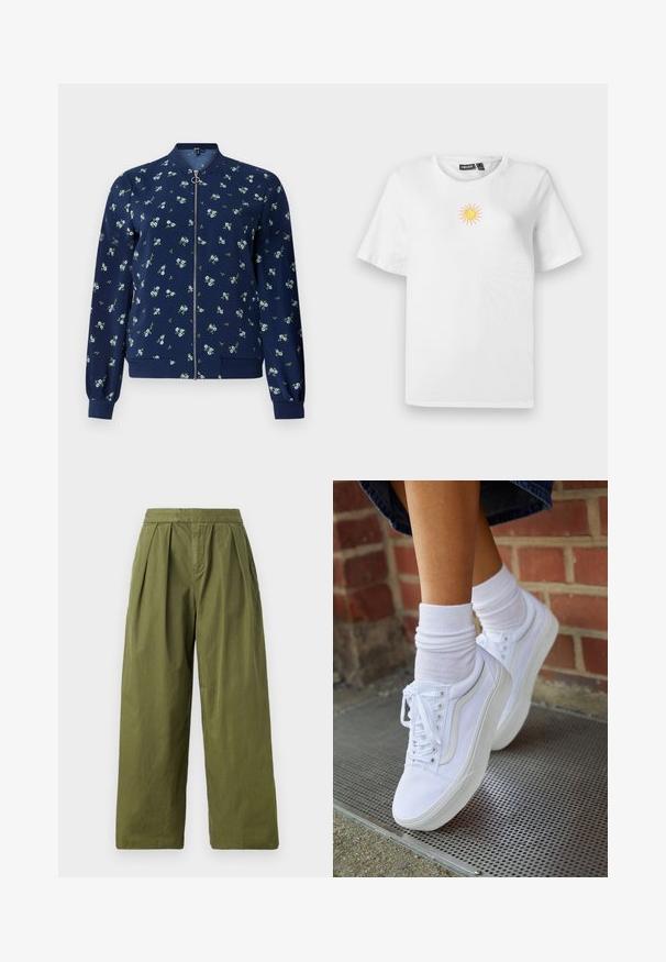 Veste bombardier bleu marine avec un motif floral bleu clair et vert, dotée d'une fermeture éclair frontale, de poignets côtelés et d'un ourlet pour un look ajusté.; T-shirt en coton blanc à manches courtes avec un petit motif de soleil brodé en jaune et rose sur la poitrine.; Pantalons larges en vert olive en tissu léger, avec des plis à la taille et une texture uniforme sans poches.; Baskets en toile blanches avec semelles en caoutchouc, dotées de six œillets, d'un bout rond et de détails de couture légers, portées avec des chaussettes blanches mi-mollet.