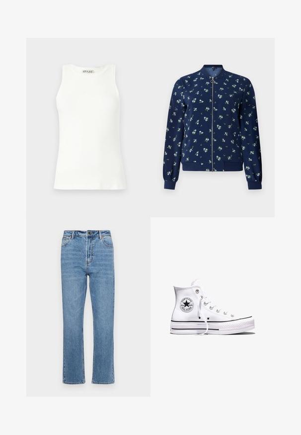Veste bombardier bleu marine avec un motif floral bleu clair et vert, dotée d'une fermeture éclair frontale, de poignets côtelés et d'un ourlet pour un look ajusté.; Débardeur blanc sans manches en tissu côtelé avec un col arrondi et une coupe ajustée. Texture lisse et logo de la marque discret au niveau du col.; Jean en denim bleu clair avec une coupe droite, cinq poches, fermeture à bouton à l'avant et décoloration subtile sur le tissu.; Baskets blanches montantes Converse Chuck Taylor All Star avec des rayures noires et un patch logo sur le côté, présentées sur un fond blanc uni.