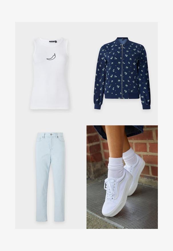 Marineblå bomberjakke med blomstermønster i lyseblå og grøn, med lynlås foran, ribbede manchetter og nederkant for et tætsiddende look.; Hvid ribbet top med sort chili peber broderi på brystområdet. Fremstillet af blødt, strækbart materiale.; Høj talje lys blå lige ben jeans med frontlommer, bæltestropper, knaplukning og synlige syninger ned ad benene.; Hvide lærreds sneakers med gummisåler, der har seks snørehuller, rund tå og let sømdetaljer, krydret med hvide ankelstrømper.
