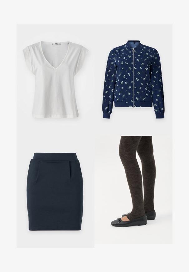 Veste bombardier bleu marine avec un motif floral bleu clair et vert, dotée d'une fermeture éclair frontale, de poignets côtelés et d'un ourlet pour un look ajusté.; T-shirt blanc à col en V avec des manches courtes, fabriqué en coton doux. Il présente une coupe simple et une silhouette légèrement décontractée.; Jupe en jersey extensible bleu marine avec une silhouette ajustée, dotée d'une taille lisse et de deux poches avant.; Jambes portant des leggings côtelés foncés associés à des ballerines noires avec de petits détails en nœud sur fond blanc.