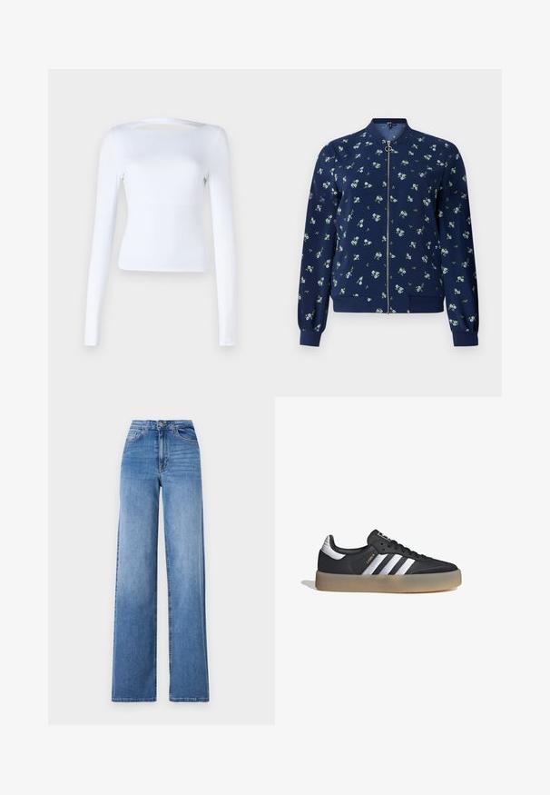 Chaqueta bomber de color azul marino con un patrón floral en azul claro y verde, con cremallera frontal, puños de canalé y dobladillo para un ajuste ceñido.; Top blanco de manga larga con escote cuadrado y detalle recortado en la parte posterior. Fabricado en una tela suave y elástica. Diseño ajustado.; Jeans de mezclilla de pernera ancha en azul claro, con talle alto, bolsillos frontales y cierre de botón estándar. Textura suave.; Zapatilla deportiva de cuero negro con tres rayas plateadas, punta texturizada y suela de goma. Cuenta con un collar acolchado y un diseño con cordones.