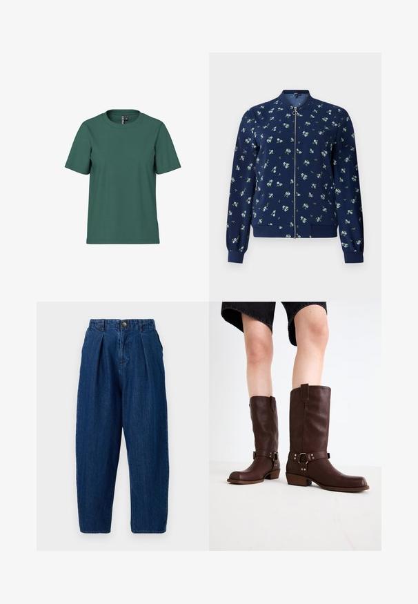 Marine bomberjack met een bloemenpatroon in lichtblauw en groen, voorzien van een ritssluiting aan de voorkant, geribde manchetten en een geribde onderrand voor een getailleerde look.; Korte mouwen t-shirt in donkergroene katoen met een ronde hals. Eenvoudig, onopvallend ontwerp en een ontspannen pasvorm. Zachte textuur, geen patronen.; Donkerblauwe denimbroek met een ontspannen pasvorm, met plooien aan de voorkant, een knoopsluiting en taps toelopende pijpen.; Bruine leren kniehoge laarzen met een ronde neus, gestructureerd oppervlak, enkelriem en zilveren hardware-detail; opgestapelde hak.