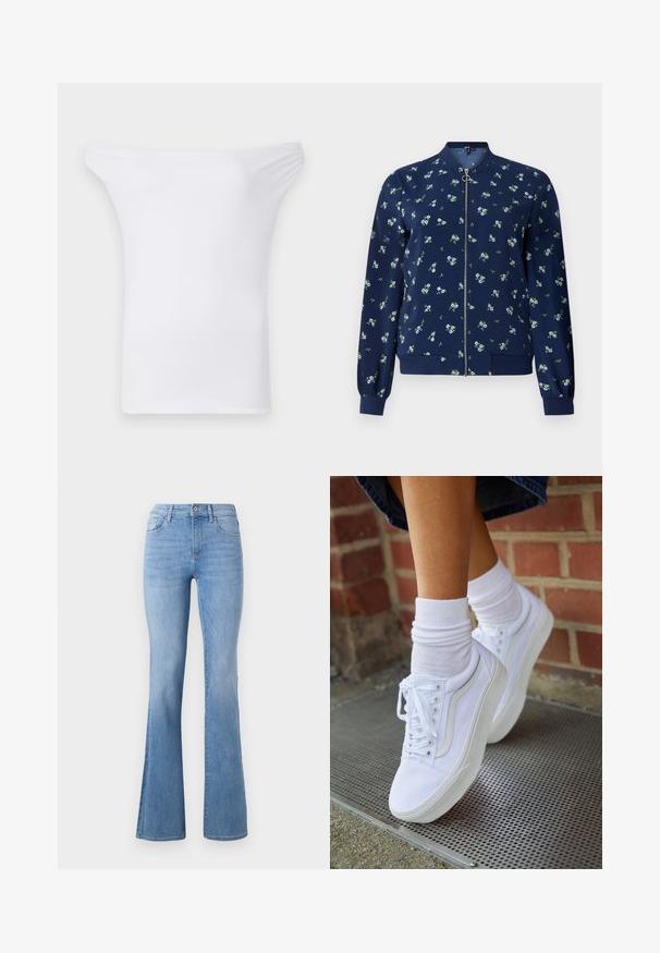 Veste bombardier bleu marine avec un motif floral bleu clair et vert, dotée d'une fermeture éclair frontale, de poignets côtelés et d'un ourlet pour un look ajusté.; Haut blanc à épaules nues en tissu lisse et extensible. Dispose d'un large col et de manches courtes avec une forme ajustée.; Jeans évasés bleu clair avec une taille mi-haute, un design classique à cinq poches et une légère décoloration le long des jambes. Texture en denim.; Baskets en toile blanches avec semelles en caoutchouc, dotées de six œillets, d'un bout rond et de détails de couture légers, portées avec des chaussettes blanches mi-mollet.