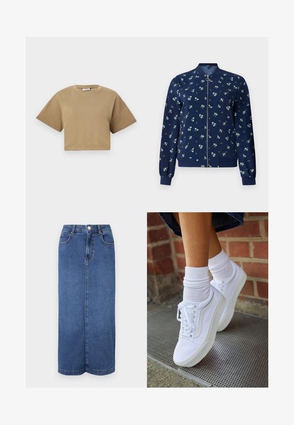 Marineblå bomberjakke med blomstermønster i lyseblå og grøn, med lynlås foran, ribbede manchetter og nederkant for et tætsiddende look.; Kortærmet t-shirt i khaki bomuld. Har en rund halsudskæring og dropped skuldre med en glat, blød tekstur.; Mørkeblå denim maxiskørt med lige snit, talje med knaplukning og minimale syninger.; Hvide lærreds sneakers med gummisåler, der har seks snørehuller, rund tå og let sømdetaljer, krydret med hvide ankelstrømper.