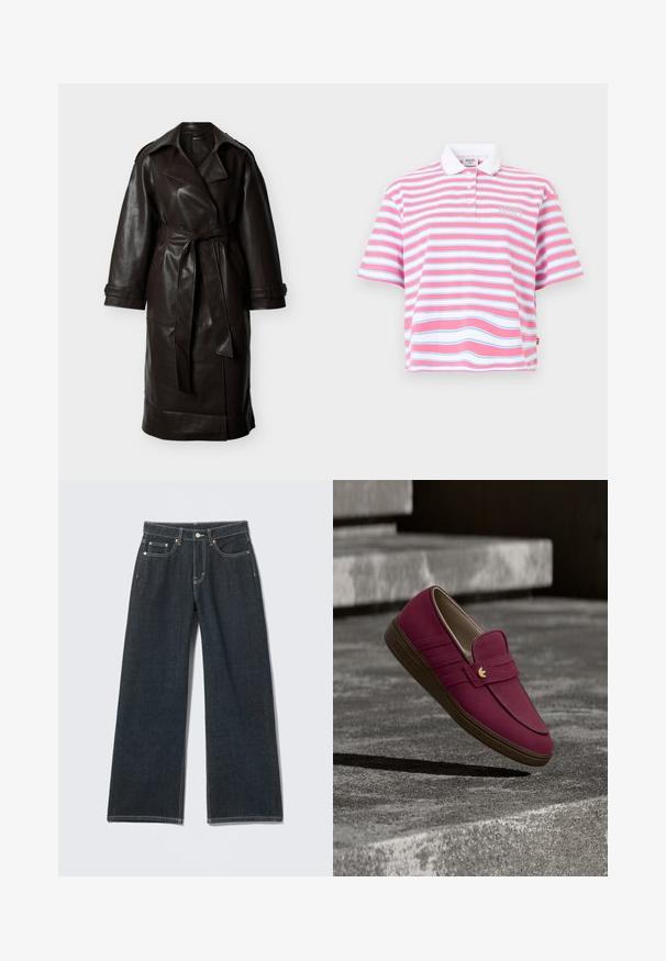 Donkerbruine lange leren trenchcoat met brede revers, dubbelgeknoopte voorkant, taille met ceintuur en met knopen gesloten manchetten.; Roze met witte gestreepte polo met korte mouwen, witte kraag en "JOOP!" logo op de borst.; Donkerblauwe jeans met wijde pijpen, knoopsluiting aan de voorkant, rits, lussens voor riem en vijf zakken, tegen een lichte effen achtergrond.; Bordeauxrode loafer met bruine zool en gouden logo, hangend boven grijze betonnen trappen in een buitenomgeving.
