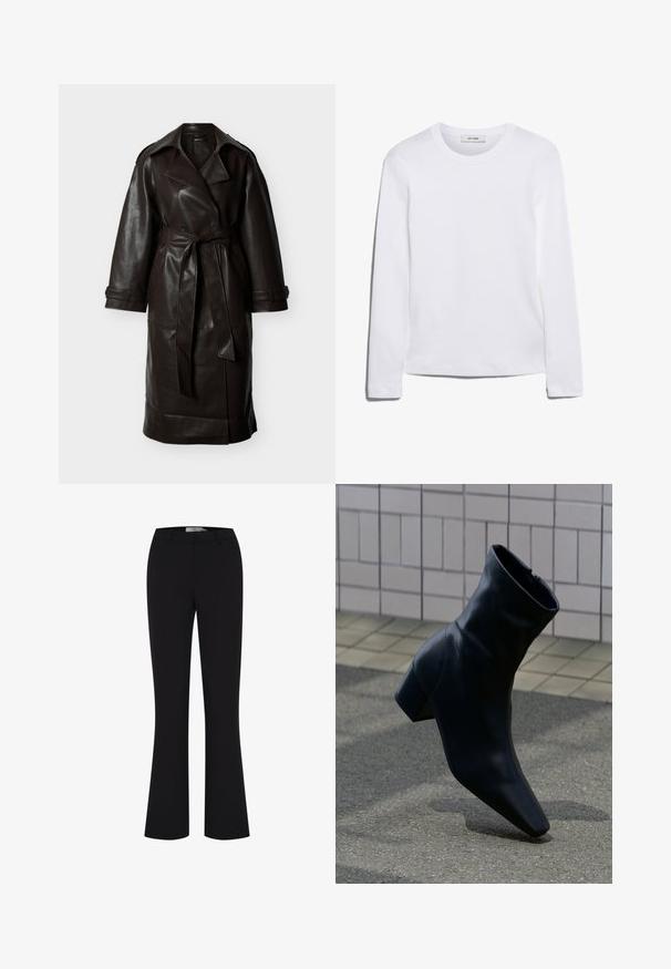 Mørkebrun lang læder trenchcoat med brede slag, dobbeltradet front, bælte i taljen og manchet med knapper.; Langærmet hvid T-shirt lavet af ribbet bomuld, med rund halsudskæring og lige kant. Simpelt design uden mønstre eller accenter.; Sorte flared bukser lavet af et glat stof, med en tætsiddende talje og et enkelt frontdesign uden lommer.; Sort læderankelstøvle med blokhæle, stående på en tekstureret asfaltflade nær en fliser væg.
