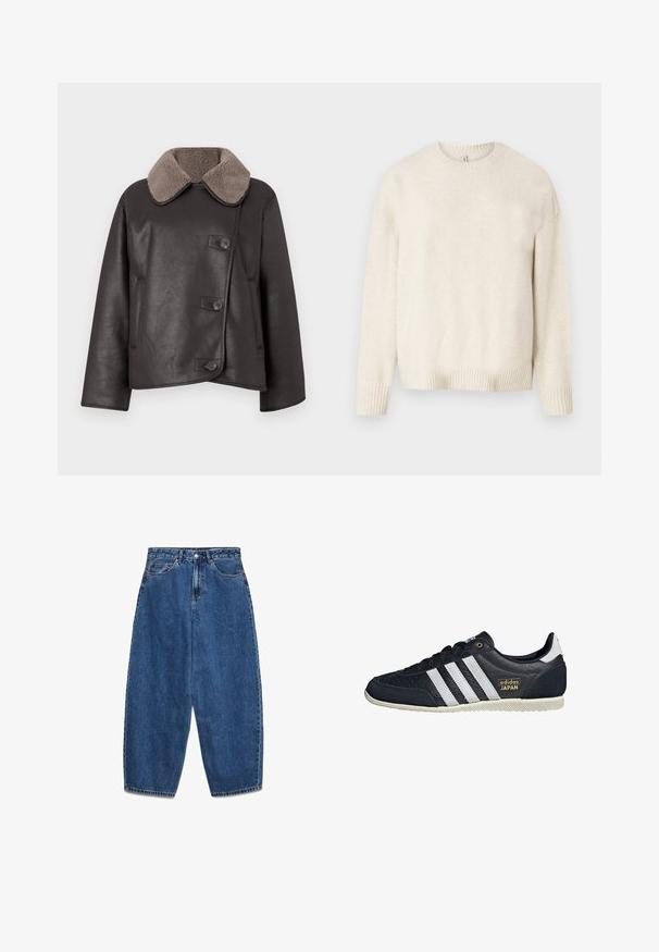 Brun læderjakke med shearling-krave, der har knaplukning foran, lige pasform og sidelommer. Glat tekstur med minimal detaljer.; Lys beige sweater lavet af blødt stof, med rund halsudskæring, lange ærmer og ribbede manchetter og kant. Enkelt, klassisk design.; Blå denimjeans med høj talje, afslappet pasform og lige ben. Klassisk design med fem lommer, lynlås og knaplukning.; Sorte lædersneakers med tre hvide striber, en struktureret finish, guld "adidas JAPAN" logo og en gummisål med grebmønster.
