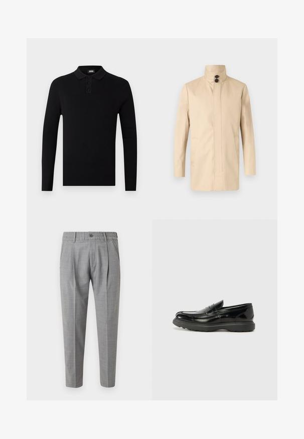 Manteau beige pour homme, longueur mi-cuisse, avec col montant et deux boutons foncés, manches longues et poches latérales, sur fond blanc.; Polo-shirt noir à manches longues avec une texture côtelée, patte de boutonnage à trois boutons et un col doux. Design simple et polyvalent.; Pantalon gris clair sur mesure avec ceinture élastique, fermeture par bouton, poches latérales et plis sur le devant, présenté sur un fond uni.; Mocassin en cuir noir avec une finition brillante, bout arrondi, détails de couture subtils et semelle en caoutchouc épaisse pour la durabilité.