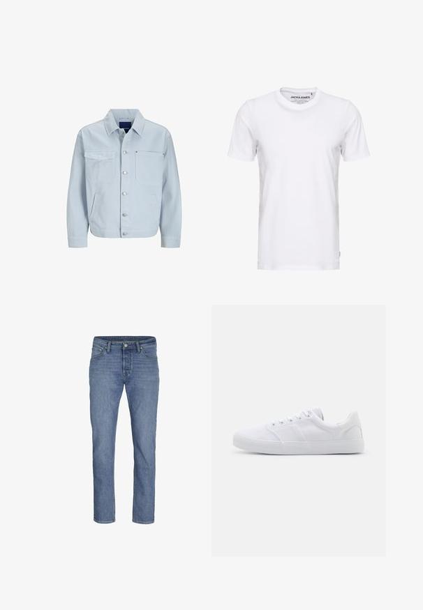 Lysblå denimjakke med krave, frontlukning med knapper, to brystlommer, sidelommer og let indsnævrede ærmer.; Hvid t-shirt med korte ærmer lavet af bomuld, med en rund hals og et enkelt design. Brandtag synlig på halsområdet. Ingen mønstre eller accenter.; Lyseblå denimjeans med lige pasform, fem lommer og en frontknaplukning med kontraststikninger.; Hvide lærreds sneakers med gummisål, der har seks snørehuller, en struktureret tåkap og et minimalistisk design.