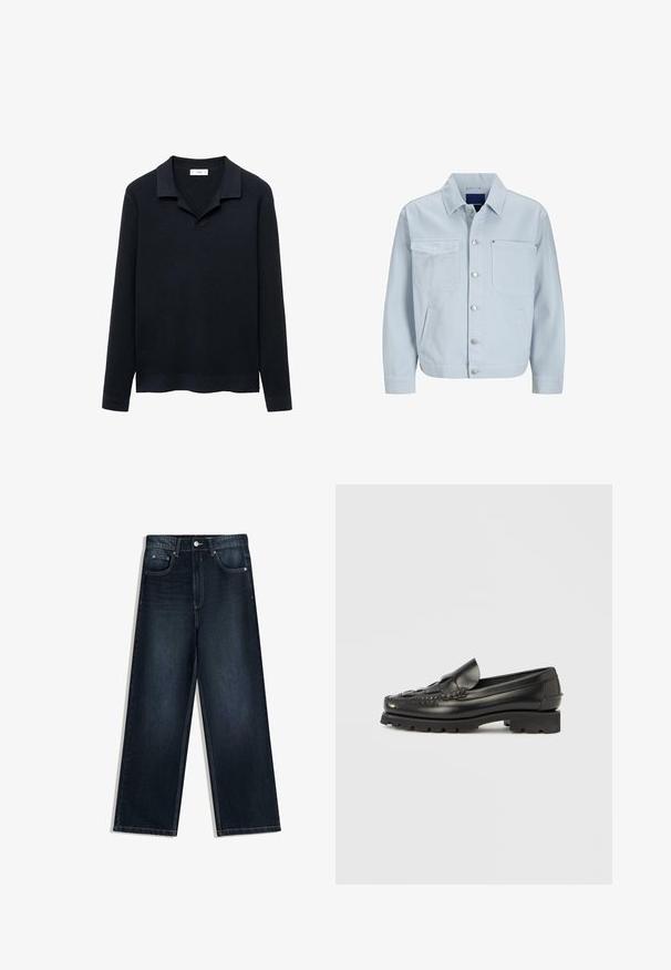 Lysblå denimjakke med krave, frontlukning med knapper, to brystlommer, sidelommer og let indsnævrede ærmer.; Mørkeblå ribstrikket sweater med polo krave, lange ærmer, blød tekstur og en kant, der let buer opad. Let og afslappet design.; Vidbenede mørkeblå denimjeans med en glat tekstur, der har frontlukning med knapper, fem lommer og kontrasterende syninger.; Sorte læderloafers med et syet design, rundet tå og tyk gummisål. Har en dekorativ rem på tværs af forsiden.