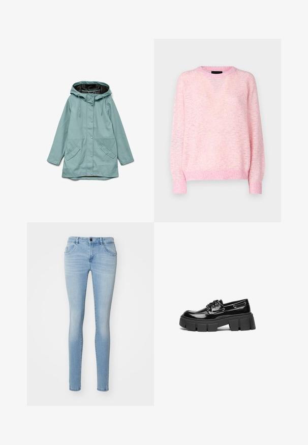 Hele sinine kapuutsiga vihmakeep esikinnituse trukkidega, reguleeritavad nöörid ja kaks kaldu taskut klappidega.; Pieces PCANONA O-NECK - Džemper - pink/lavender; Heled sinised kitsad teksad, valmistatud denimist, kõrge vöökohaga, viie tasku disainiga ja kerge kulumisega, et luua juhuslik välimus.; Must musta nahklofer musta paksu platvorme tallaga ja dekoratiivsete silmadega. Sile tekstuur, ümar nina ja nööridega detail.