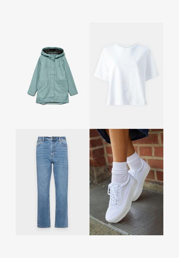 Imperméable bleu clair à capuche avec boutons-pression à l'avant, cordons ajustables et deux poches à rabat obliques.; T-shirt en coton blanc avec un col rond, des manches courtes, une coupe décontractée et une texture lisse. Aucune motif ni accent visible.; Jean en denim bleu clair avec une coupe droite, cinq poches, fermeture à bouton à l'avant et décoloration subtile sur le tissu.; Baskets en toile blanches avec semelles en caoutchouc, dotées de six œillets, d'un bout rond et de détails de couture légers, portées avec des chaussettes blanches mi-mollet.