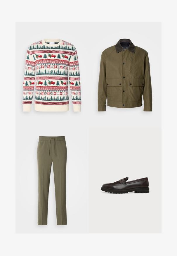 Veste vert olive en tissu texturé, dotée d'un col en velours côtelé marron, de boutons-pression, de deux poches avant et d'une poche zippée sur la poitrine.; Pull en tricot avec une base crème, motifs rouges et verts d'arbres, de camions et de flocons de neige, avec des poignets et un ourlet côtelés.; Pantalons légers couleur vert olive avec une taille élastique et un cordon de serrage réglable ; design à jambe droite et texture lisse.; Mocassin penny en cuir et daim marron foncé avec semelle épaisse en caoutchouc noir, profil latéral sur fond blanc.