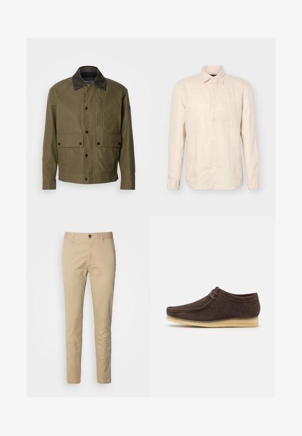 Olivegrüne Jacke aus strukturiertem Stoff, mit einem braunen Cordkragen, Druckknöpfen, zwei Fronttaschen und einer Reißverschlusstasche auf der Brust.; Beige langärmeliges Hemd mit Knopfleiste, spitzem Kragen und Brusttasche, von vorne vor einem einfarbigen Hintergrund gezeigt.; Beige Chinos mit Knopfverschluss, slim fit und glattem Baumwollstoff. Mit Steppnähten und klassischem Fünf-Taschen-Design.; Braune Wildlederschuhe mit glatter Oberfläche, runder Zehenform und minimalistischem Design. Verfügt über eine hellfarbene Gummisohle und kontrastierende Schnürdetails.