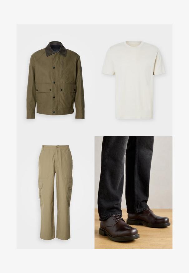 Olivengrøn jakke lavet af struktureret stof, med en brun corduroykrave, trykknapper, to forlommer og en lynlåslomme på brystet.; Simpel, off-white T-shirt med korte ærmer og rund hals, med diskret logo på venstre bryst, vist mod en hvid flad baggrund.; Beige cargo bukser lavet af letvægtsstof, med to sidelommer, knaplukning og lige ben design.; Brune lædersko med rund tå, snørelukning og kraftig sort gummisål, parret med mørke denim bukser.