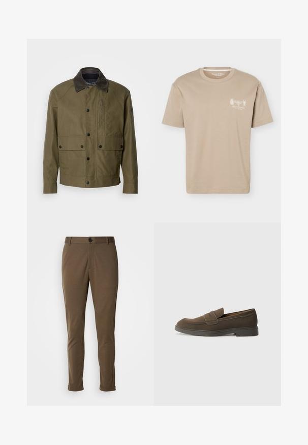 Olivengrøn jakke lavet af struktureret stof, med en brun corduroykrave, trykknapper, to forlommer og en lynlåslomme på brystet.; Beige kortærmet T-shirt med rund halsudskæring med små insektgrafikker og "Marc O'Polo" logo på venstre bryst.; Brune skræddersyede bukser med en glat tekstur, der har en knaplukning og rullede manchetter. Designet med en slim fit og funktionelle lommer.; Brune ruskinds loafers med en rund tå, en rem over forfoden og en flad gummisål. Enkel design med rene linjer og minimal dekoration.