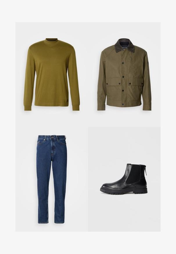 Chaqueta verde oliva hecha de una tela texturizada, con un cuello de pana marrón, botones a presión, dos bolsillos frontales y un bolsillo con cremallera en el pecho.; Camisa de cuello alto de manga larga en verde oliva, hecha de una tela suave, con un diseño ajustado y cuellos y puños acanalados.; Jeans de mezclilla de color azul oscuro, con diseño de pierna recta, estilo de cinco bolsillos y costuras visibles a lo largo de las costuras.; Bota negra de cuero hasta el tobillo con un acabado suave, paneles laterales de malla elástica y una suela resistente con un patrón de relieve visible.