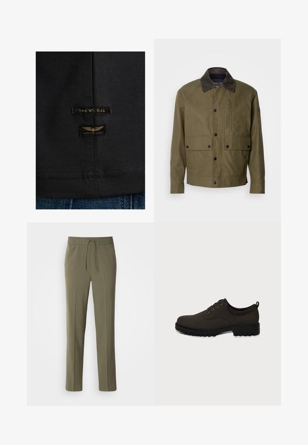 Olivengrøn jakke lavet af struktureret stof, med en brun corduroykrave, trykknapper, to forlommer og en lynlåslomme på brystet.; Sort bomulds t-shirt med to labels: "TYPE N°: C-46" og "AMERICAN CLASSIC," med guld tekst og vinge grafik. Syet kantdetalje.; Olivengrønne, letvægtsbukser med elastisk talje og justerbar snor; lige ben design og glat tekstur.; Mørkebrunt læder snøresko med sort tyk gummisål og hælkappe på ensfarvet grå baggrund.