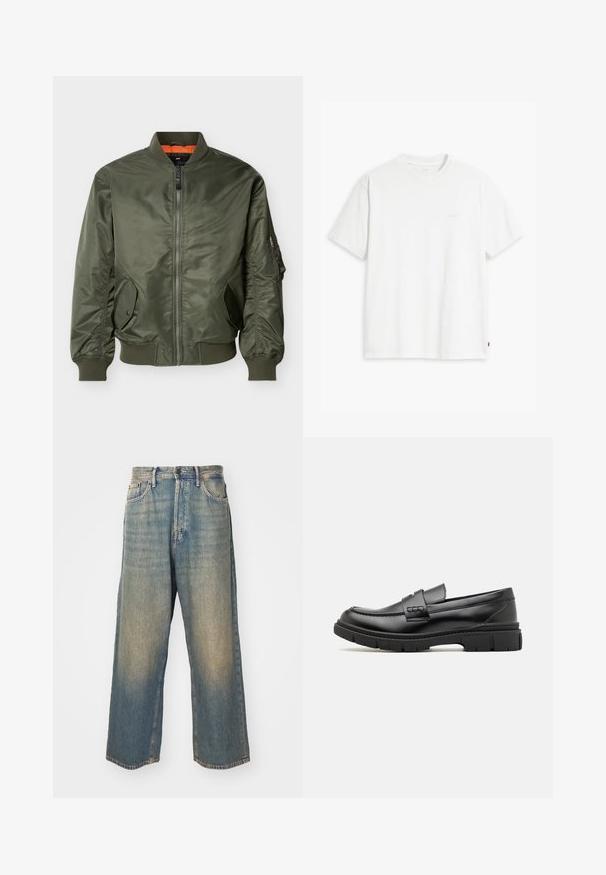 Olivgrüne Bomberjacke mit Frontreißverschluss, gerippten Bündchen und Saum, zwei Taschen mit Druckknopf und einer Reißverschlusstasche am linken Ärmel.; Weißes Baumwoll-T-Shirt mit kurzen Ärmeln, rundem Ausschnitt und einem dezenten "Levi's"-Logo in heller Farbe auf der Vorderseite.; Hochgeschnittene, gerade geschnittene, ausgewaschene blaue Jeans mit Ziertaschen vorne und einem Knopfverschluss vor hellem Hintergrund.; Schwarze Lederloafer mit einem breiten Riemen über dem Rist, Gummisohle mit dicken Profilen und glatter Textur. Klassisches, schlankes Design.