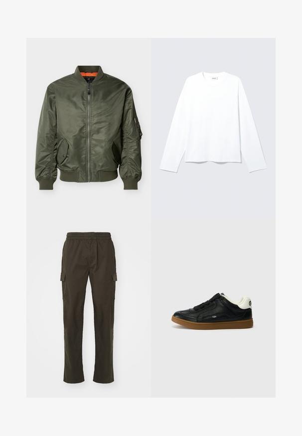 Chaqueta bomber verde oliva con cremallera frontal, puños y dobladillo acanalados, dos bolsillos con botones de presión y un bolsillo con cremallera en la manga izquierda.; Camiseta blanca lisa de manga larga con cuello redondo, corte holgado y etiqueta de la marca visible en el cuello, colocada plana sobre un fondo claro.; Pantalones cargo verde oliva oscuro con cintura elástica, cuatro bolsillos y un diseño de pierna recta. Hechos de una tela duradera y liviana.; Zapatilla de cuero negro con parte superior texturizada, puntera redonda y cordones negros. Presenta un acento en el talón blanco y una suela de goma marrón.