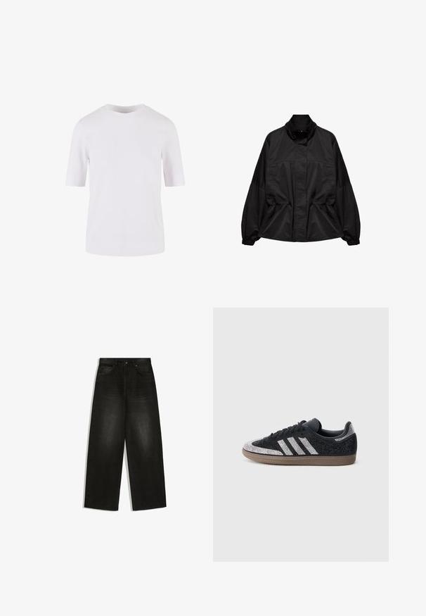 Veste légère noire avec col montant, poignets élastiques, fermeture avant dissimulée et détail froncé à la taille, présentée sur fond blanc.; T-shirt blanc à manches courtes en coton lisse. Doté d'un col rond et d'une coupe droite, sans motifs ni ornements.; Jean noir taille haute à jambes larges avec poches avant, passants de ceinture et fermeture par bouton, présenté à plat sur fond blanc.; Baskets noires avec des accents argentés étincelants et trois bandes blanches. Comprend un design bas, une tige texturée et une semelle en caoutchouc marron.