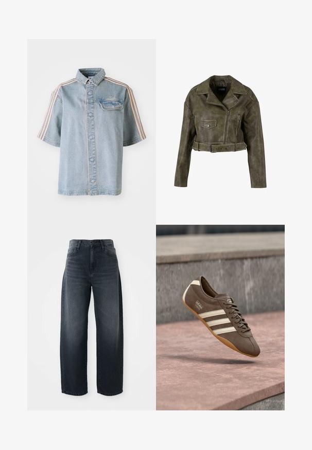 Lühendatud oliiviroheline kunstnahast jakk, millel on lai krae, esi tõmblukk, kaks taskut ja vöödetail talje juures.; Denim särg, millel on eesmine tasku, nööpidest sulgemine ja roosa triipõmblus õlgadel, esitatud lihtsa valge taustaga.; Laia teksad tumeda pesu, kõrgema vöökohaga, klassikalise nööbi ja tõmblukuga ning õrna tuhmumisega ees.; Pruun seemisnahast toss valgete triipude ja brändinguga, millel on ümmargune varvas ja kummist tallaga kummisest vaipkattega pinna kohal.