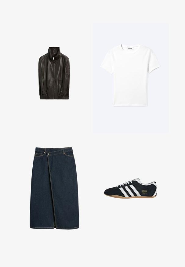 Sort læderjakke med lynlås foran, høj krave, lange ærmer og elastiske manchetter og søm, vist mod en hvid baggrund.; Ensfarvet hvid t-shirt med korte ærmer og rund halsudskæring med en lille "WEEKDAY" label indeni halskanten, vist fladt på en lys baggrund.; Denim nederdel i mørk navyblå, midi-længde, med et omslagdesign, synlige sømme i en kontrastfarve og en slids foran.; Sort ruskinds sneaker med hvide tre striber, guldlogo og en brun gummisål. Har et lavprofil snørebåndsdesign.