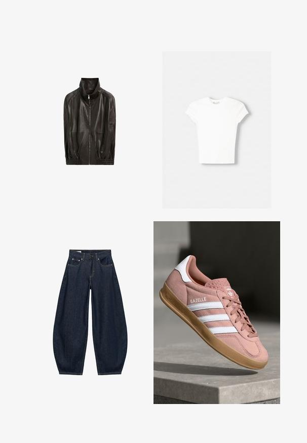 Sort læderjakke med lynlås foran, høj krave, lange ærmer og elastiske manchetter og søm, vist mod en hvid baggrund.; Hvid kortærmet t-shirt lavet af blød bomuld, med rund halsudskæring og en tætsiddende form. Ingen synlige mønstre eller udsmykninger.; Mørkeblå vidde jeans med frontlommer, bæltestropper og knaplukning i taljen.; Rosa ruskinds sneaker med hvide striber, gummisål, tekstureret overdel og logo på tungen. Klassisk low-top design.
