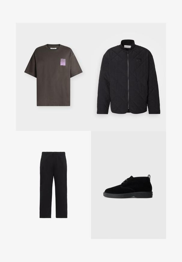 Veste noire matelassée avec col montant, fermeture éclair et un discret patch logo. Présente un fini texturé et des motifs en losange.; T-shirt gris foncé à manches courtes avec un petit graphisme violet et du texte répété sur la partie supérieure gauche de la poitrine.; Pantalon noir droit avec passants pour ceinture, braguette zippée à l'avant et poches latérales, présenté sur fond blanc.; Bottines en suédine noire à bout rond, à lacets, avec une semelle en caoutchouc noire et une languette à l'arrière pour un enfilage facile.