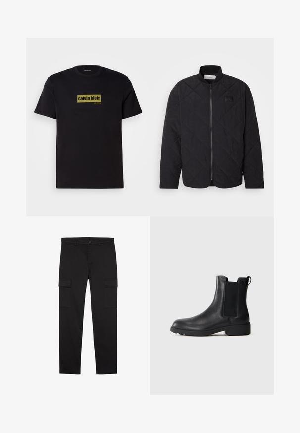 Schwarze gesteppte Jacke mit Stehkragen, Reißverschluss und einem dezenten Logo-Patch. Verfügt über eine strukturierte Oberfläche und diamantförmige Muster.; Schwarz Baumwoll-T-Shirt mit kurzen Ärmeln, featuring ein rechteckiges grünes Logo mit dem Text "calvin klein" und "new york city" in fetter Schrift.; Schwarze Cargo-Hose mit geradem Bein, seitlichen Klappentaschen, vorderem Knopf, Gürtelschlaufen und sauberem, minimalistischem Design.; Schwarze Leder-Stiefelette mit elastischen Seiteneinsätzen, Zugschlaufe an der Ferse und niedrigem Blockabsatz vor einem schlichten Hintergrund.