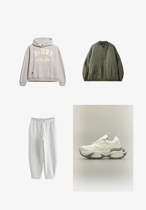 Grøn bomberjakke med lynlås med to forlommelommer med klap og en lille lynlåslomme på venstre ærme, ribkant ved ærmer og kant samt rund krave.; Superdry & Co ATHLETIC ESSENTIALS - Hættetrøje - grey marl; Lysegrå træningsbukser med elastik i taljen og snøre, med smalle ben og synlige sømdetaljer.; Hvid og grå chunky sneaker med tekstureret sål, trækflapper på tunge og hæl samt detaljeret paneldesign på overdelen.