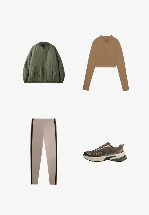 Veste bomber verte zippée avec deux poches à rabat sur le devant et une petite poche zippée sur la manche gauche, poignets et ourlet côtelés, et col rond.; Haut marron, à manches longues et à coupe courte, avec un col montant et une demi-fermeture éclair. Fabriqué dans un tissu texturé, avec des manches ajustées et des détails de design minimalistes.; Pantalon beige ajusté avec des rayures noires le long des côtés extérieurs de chaque jambe, resserré à la cheville.; Chaussure de sport en mesh marron avec semelle épaisse beige et bande de roulement noire, rayures latérales détaillées et lacets, vue du côté extérieur.