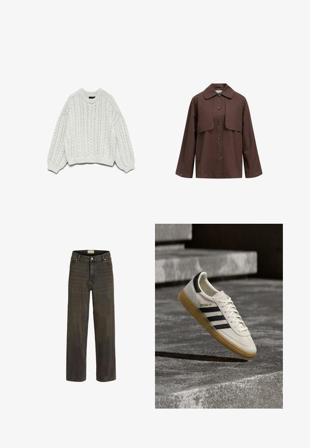 Brun knap-op jakke med bred krave, klapdetalje over brystet, lange ærmer og lommer på begge sider, vist på hvid baggrund.; Hvid strikket sweater med et kabelstrikkemønster, rund halsudskæring og lange ærmer med ribbede manchetter og kant.; Viddejeans i mørk olivengrøn denim, med et klassisk fem-lomme-design, knaplukning og diskret falming for ekstra tekstur.; Hvid Adidas Spezial sneaker med sorte striber og gummisål, svævende over grå stentrin udendørs.