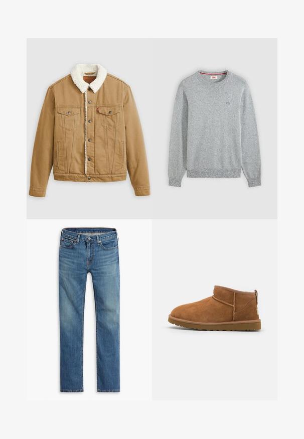 Tan denimjacket met een witte sherpa-kraag, twee borstzakken, zijzakken en metalen knopen. Heeft verticale stikseldetails.; Lichtgrijze, gestructureerde, gebreide trui met ronde hals, lange mouwen en een klein Levi’s-logo op de linkerborst.; Blauwe rechte denim jeans met een sluiting van een knoop en rits aan de voorkant, vijf-pocket ontwerp en subtiele vervaging op de bovenbenen en knieën.; Tan suède enkellaars met een ronde neus, subtiele stiksels en een gestructureerde rubberen zool. Korte hoogte zonder veters.