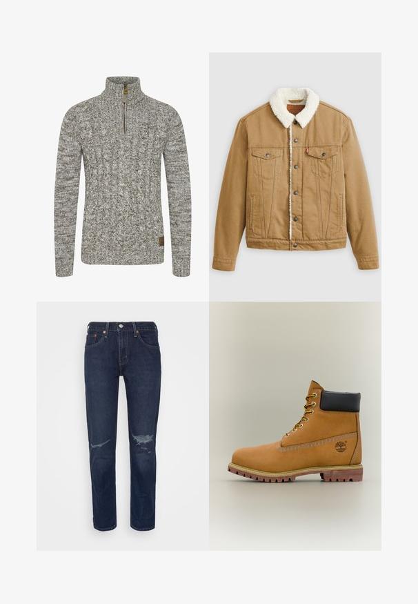 Veste en denim beige avec un col en sherpa blanc, deux poches poitrine, des poches latérales et des boutons en métal. Présente des détails de couture verticaux.; Sweatshirt en maille torsadée d'une couleur gris-vert atténué, avec un col à zip moitié et un motif de tissu texturé. Patch logo marron au bas.; Levi's® 502™ TAPER HI BALL - Jean droit - dark indigo rinse; Bottine en cuir marron avec col noir, lacets jaunes et semelle beige. Présente un logo et des détails de couture blanche. Semelle extérieure à traction robuste.