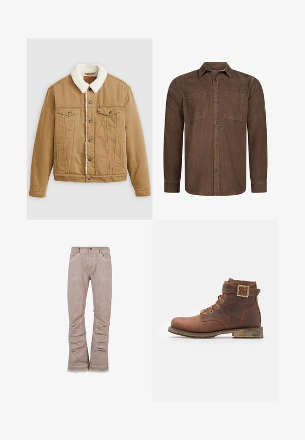 Beige Jeansjacke mit weißem Sherpa-Kragen, zwei Brusttaschen, Seitentaschen und Metallknöpfen. Enthält vertikale Nähdetails.; INDICODE JEANS THYGE - Hemd - demitasse; Helle beige Corduroyhose mit lockerer Passform, großen Fronttaschen, seitlicher Raffung und fransigen Säumen für einen strukturierten Look.; Harley Davidson VNTGMOTO SHORT RIDING APPROVED - Cowboy-/Bikerstiefelette - brown