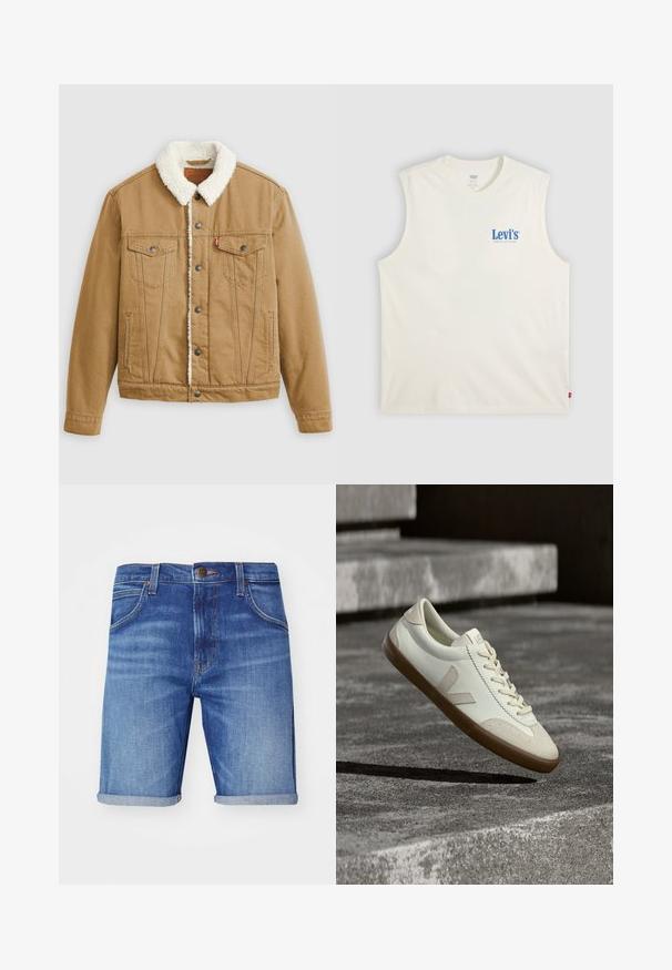Tan denimjakke med en hvid sherpa-krave, to brystlommer, sidelommer og metalknapper. Har lodrette syningsdetaljer.; Ærmeløs hvid Levi's T-shirt med blåt logo på venstre bryst og lille rød mærkat i venstre sidesøm mod en lys baggrund.; Dunjshorts i lys blå med en falmet vask, der har optrullede kanter, fem lommer og en mærket metalknap i taljen.; Hvide læder sneakers med tanfarvet gummisål, flade snørebånd og V-formet detalje på siden. Har en glat overflade og minimale syninger.