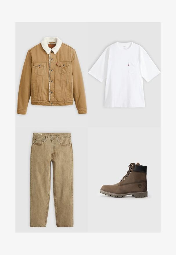 Tan denimjakke med en hvid sherpa-krave, to brystlommer, sidelommer og metalknapper. Har lodrette syningsdetaljer.; Hvid bomulds-T-shirt med korte ærmer, rund hals og lomme på venstre bryst. Har en lille rød logoetiket på lommen.; Beige denimjeans med en afslappet pasform, fem-lomme design, synlige sømme og en let falmet tekstur; knap- og lynlås lukning.; Brune læder ankelstøvle med sort krave, metaløjer og slidstærk grå sål. Har logo på siden og syet detaljer.