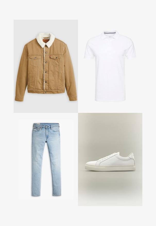 Beige Jeansjacke mit weißem Sherpa-Kragen, zwei Brusttaschen, Seitentaschen und Metallknöpfen. Enthält vertikale Nähdetails.; Weißes Poloshirt aus Baumwolle, mit einem traditionellen Kragen, kurzen Ärmeln und einer Dreiknopf-Leiste, die innen subtile marineblaue Akzente aufweist.; Helle blaue, schmal geschnittene Jeans aus Denim mit Knopf- und Reißverschluss, Fronttaschen und Gürtelschlaufen auf weißem Hintergrund.; Weißer Sneaker mit niedrigem Schaft, vorn mit Schnürung und dicker Sohle, aus der Seitenansicht vor neutralem Hintergrund.